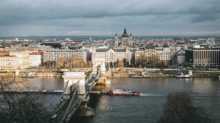 Daytime view of the Chain Bridge, the Danube and Budapest’s historic city centre