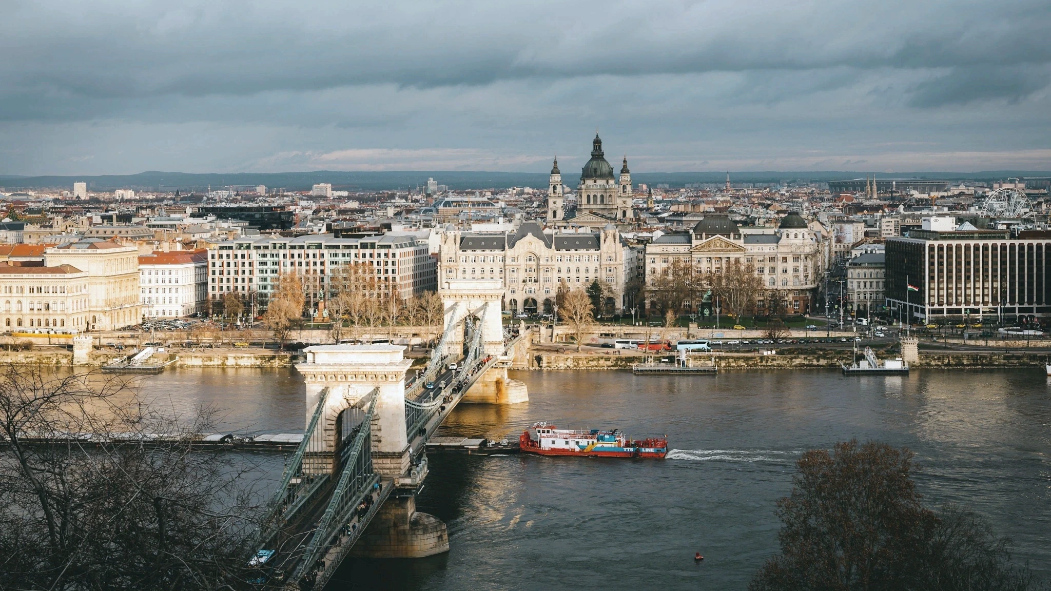 Daytime view of the Chain Bridge, the Danube and Budapest’s historic city centre
