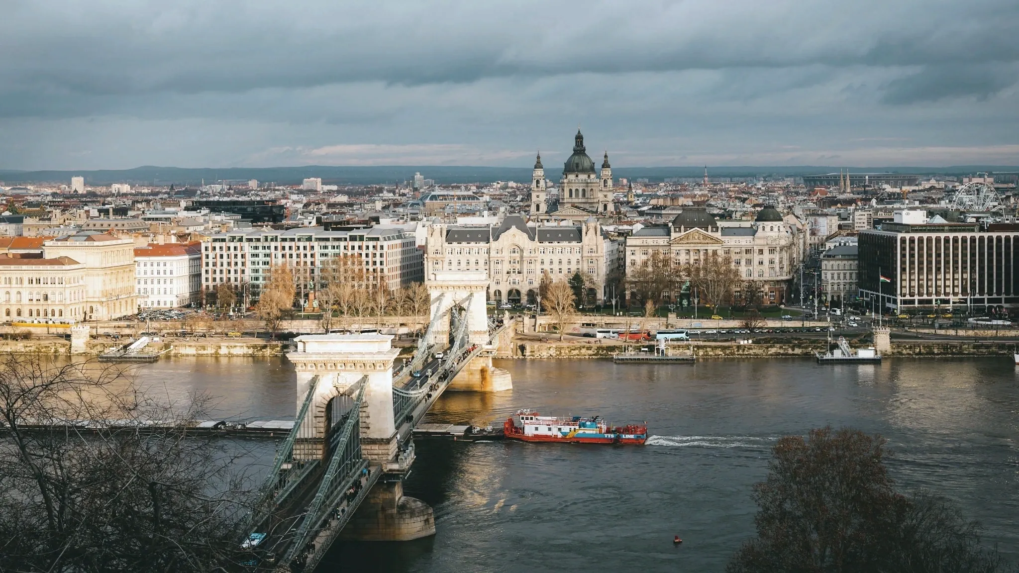 Daytime view of the Chain Bridge, the Danube and Budapest’s historic city centre