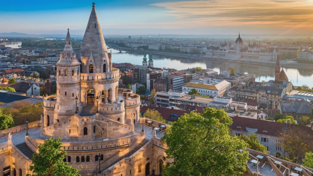 View from Buda across the Danube toward central Pest and the Hungarian Parliament in Budapest