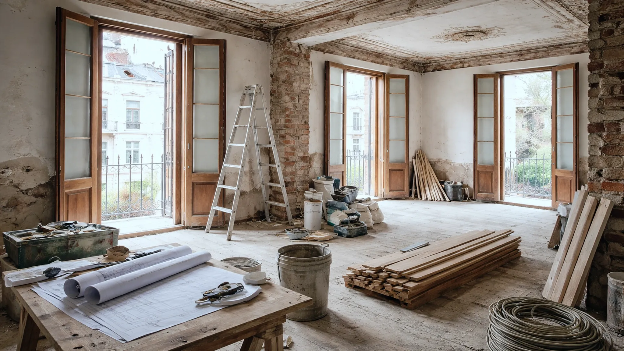 Bright apartment interior under renovation with exposed wiring, plumbing and wooden flooring