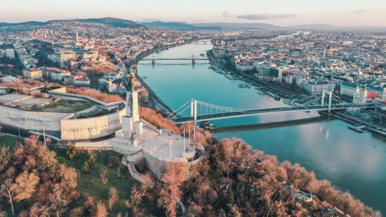 Panoramic view of Budapest showing the Buda Hills, the Danube, bridges and the city districts of Buda and Pest